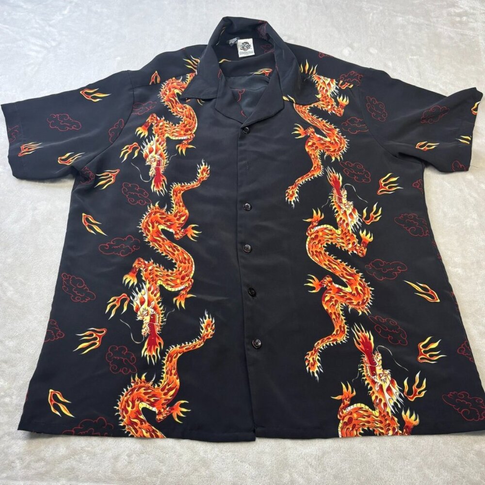 Vintage Kennington Ltd. California Hawaiian Shirt Size XL  dragons flames orange